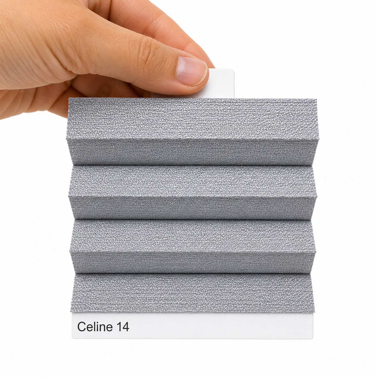 Celine 14 açık gri keten dokulu plise perde kumaş numunesi, yakın çekim