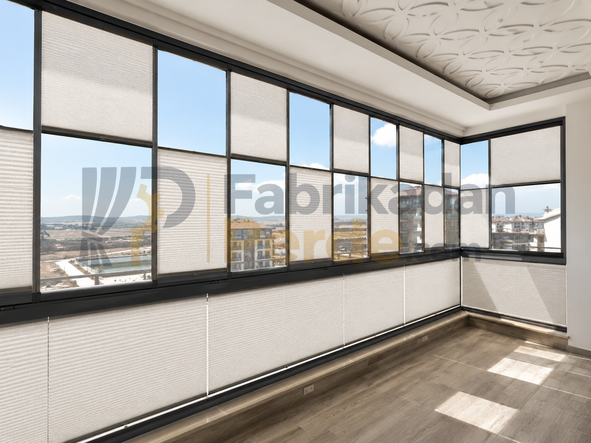 Taş rengi Esperanza plise perde köşe cam balkon uygulaması