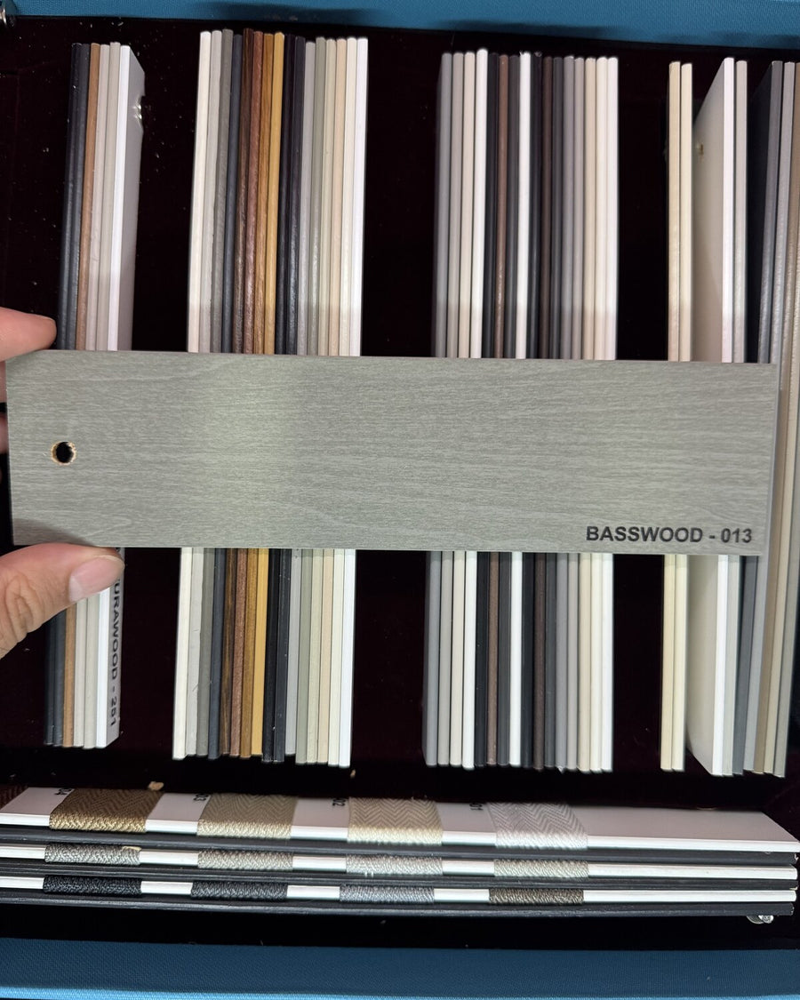 Gri meşe 50 mm gerçek Ihlamur ahşap jaluzi perde numunesi, BASSWOOD 013