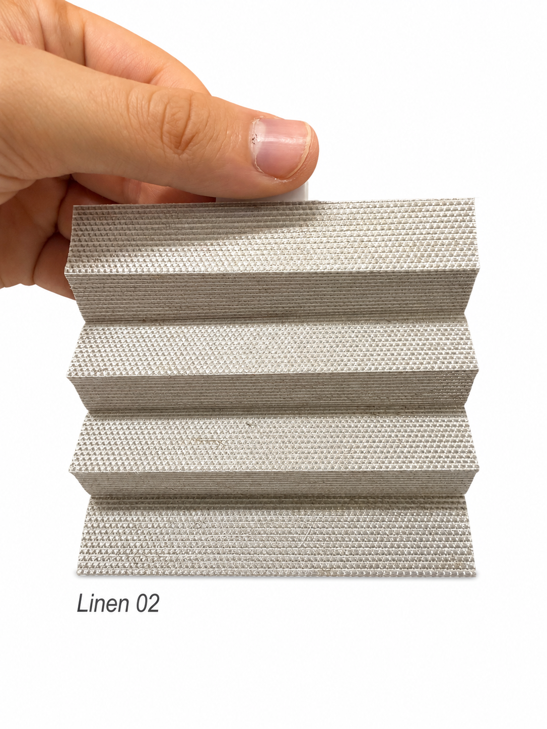 Linen 02 açık bej keten dokulu plise perde kumaş numunesi, yakın çekim