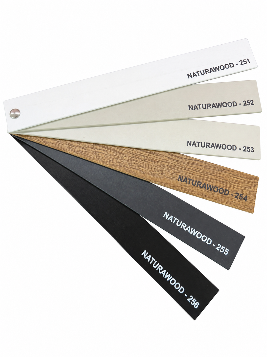 NATURAWOOD 251–256, 25 mm ahşap jaluzi renk kartelası, beyaz arka plan