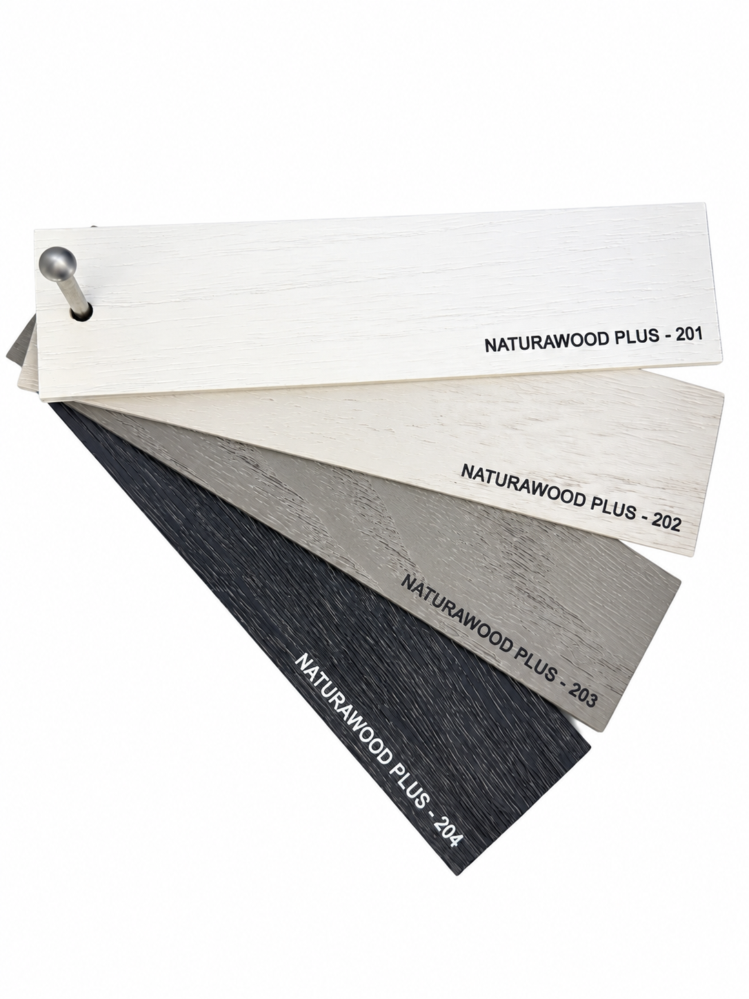 NATURAWOOD PLUS 201–204 ahşap jaluzi renk kartelası, beyaz arka plan