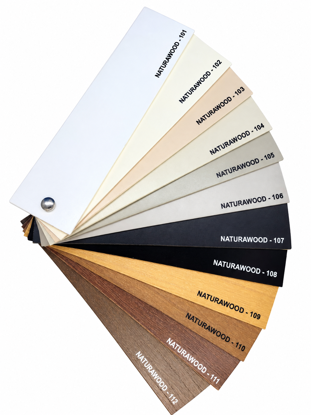 NATURAWOOD 101–112 Perwonya ahşap jaluzi renk kartelası