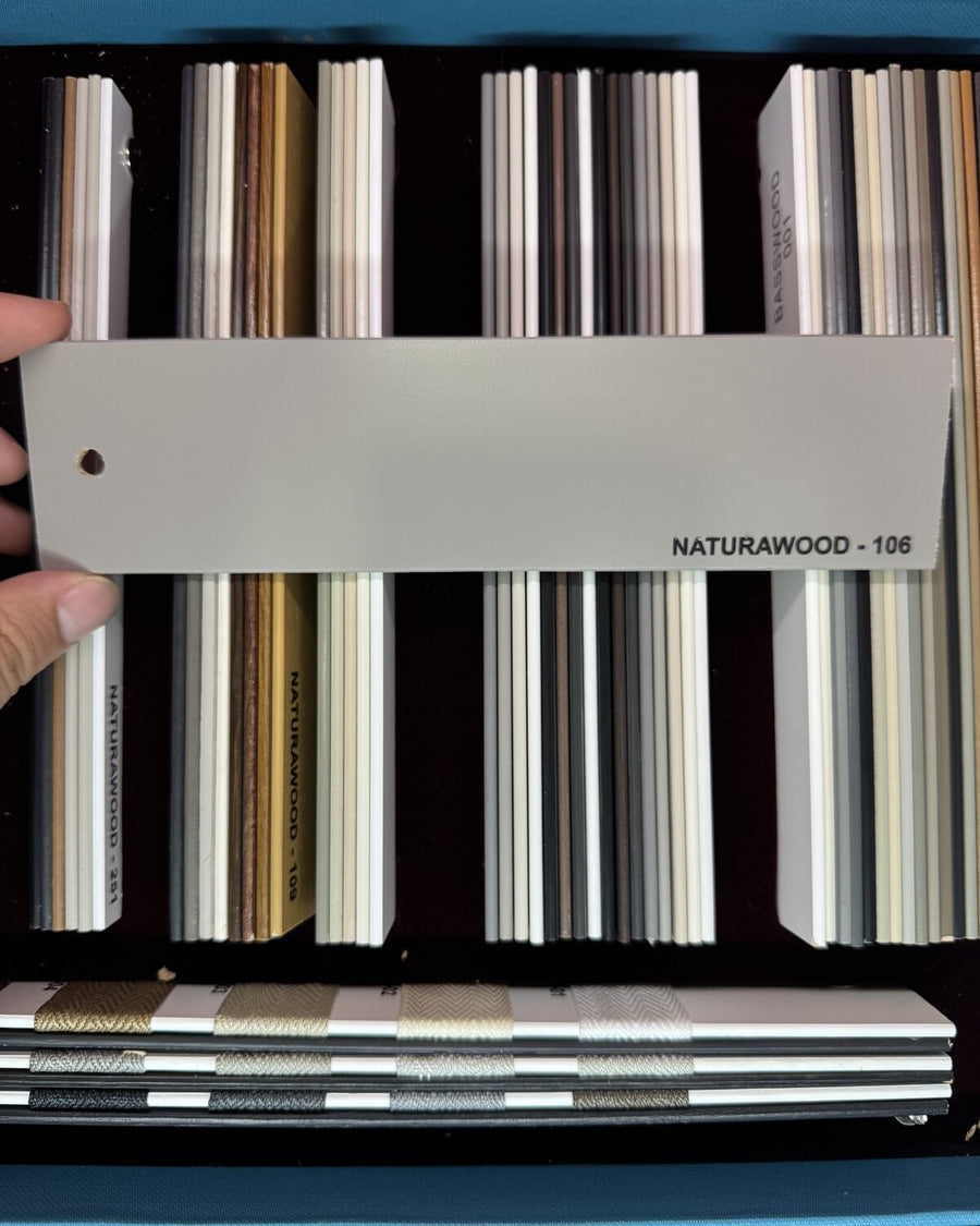 Taş gri 50 mm gerçek Pervonya ahşap jaluzi perde numunesi, NATURAWOOD 106
